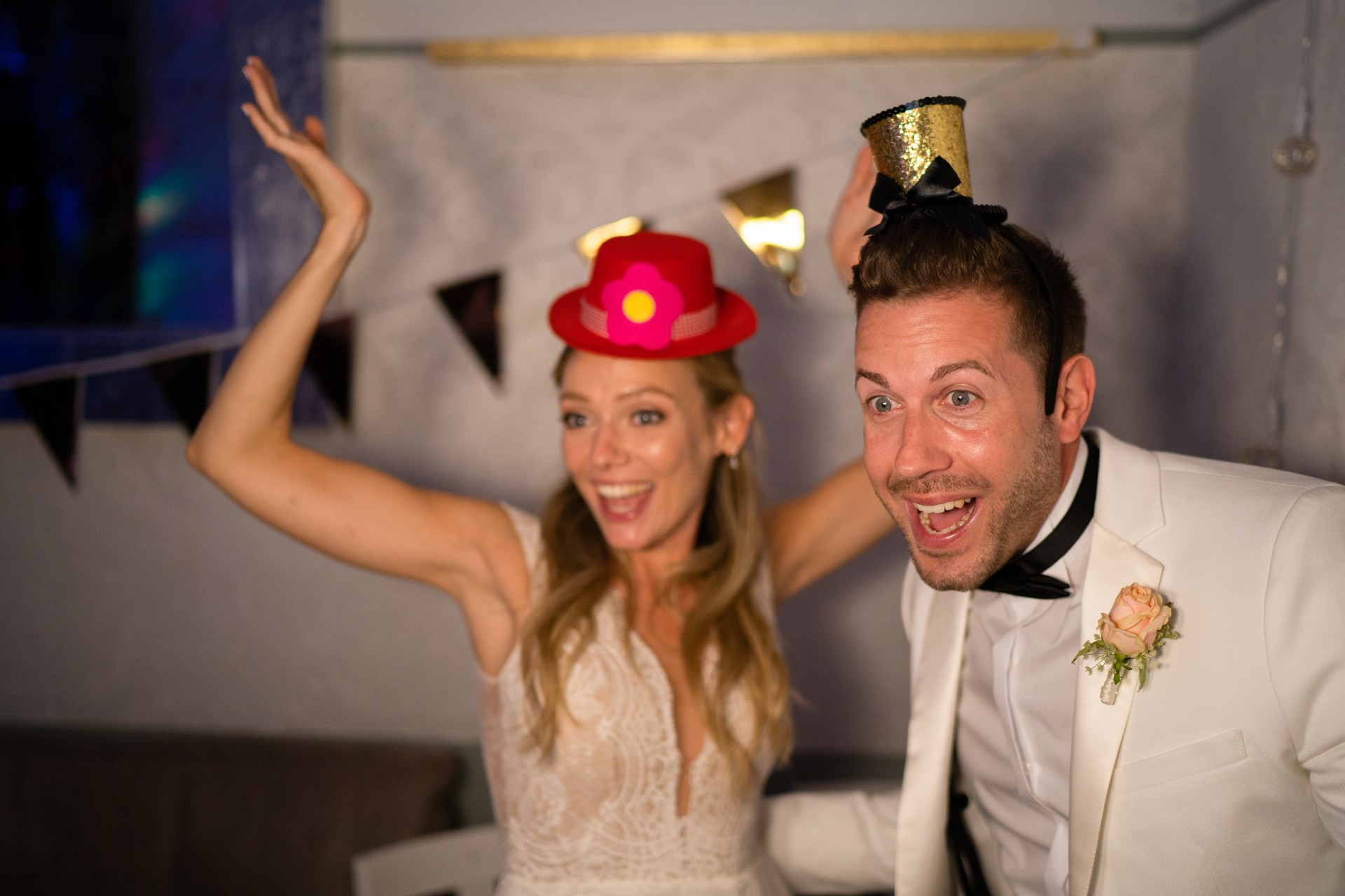 wedding couple having fun at party